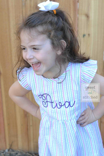 Monogrammed Seersucker Easter dress, toddler dress, baby girl rainbow –  Sweet and Stitched