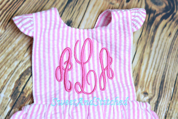 Monogrammed toddler bubble romper, monogrammed Seersucker bubble