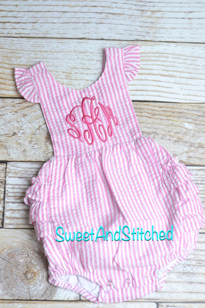 Monogrammed toddler bubble romper, monogrammed Seersucker bubble