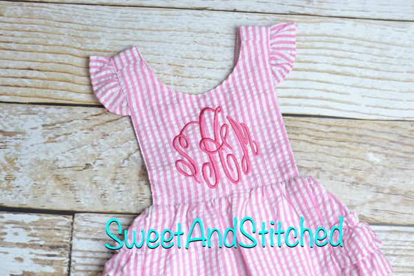 Monogrammed toddler bubble romper, monogrammed Seersucker bubble