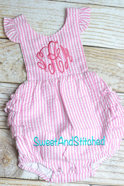 Monogrammed toddler bubble romper, monogrammed Seersucker bubble