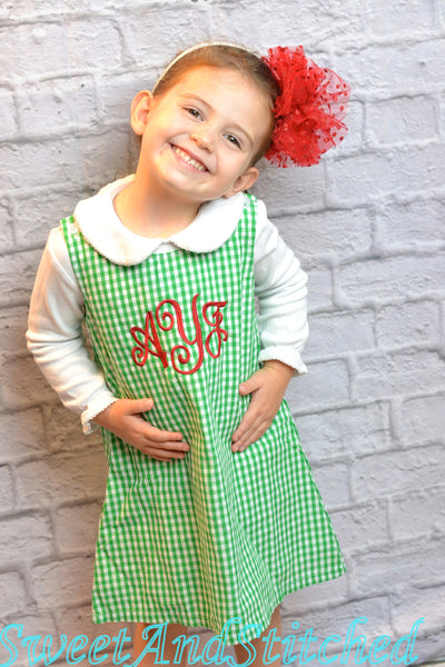 Girls monogrammed St. Patrick's day outfit, jumper style toddler Easter outfit, baby girl monogrammed green gingham jumper dress