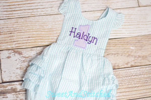 Monogrammed baby girl birthday bubble romper, 1st birthday cake smash outfit