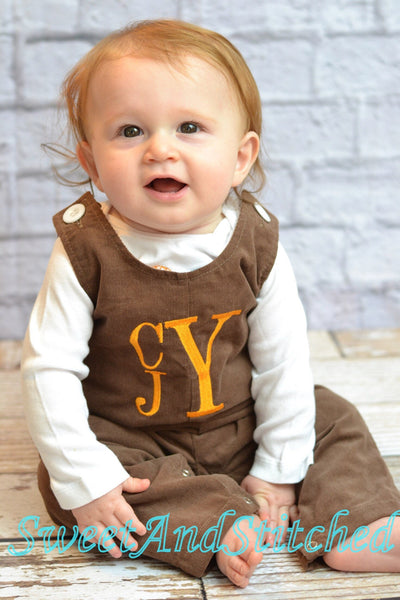 Baby Boy thanksgiving outfit with turkeys and name in vintage style, boys corduroy overalls personalized