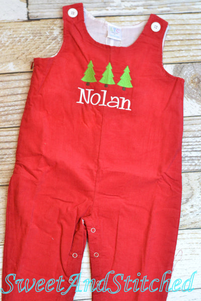 Personalized Baby Boy Christmas outfit - red corduroy monogrammed Christmas overalls