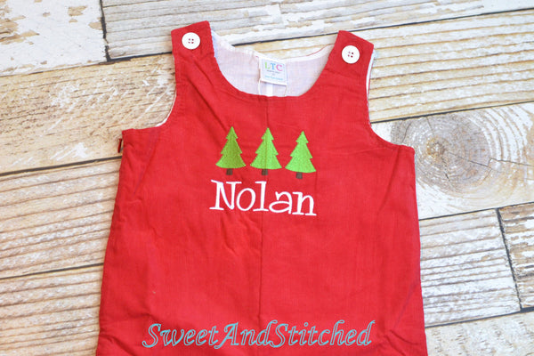 Personalized Baby Boy Christmas outfit - red corduroy monogrammed Christmas overalls