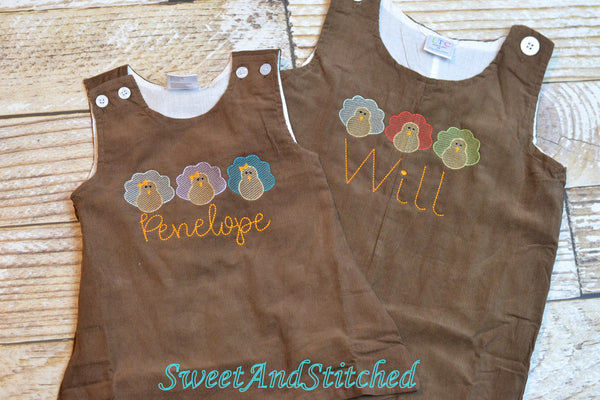 Baby Boy thanksgiving outfit with turkeys and name in vintage style, boys corduroy overalls personalized