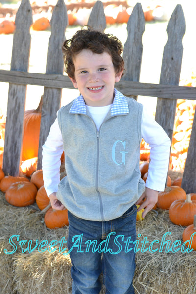 Monogrammed Boys blue and gray gingham vest