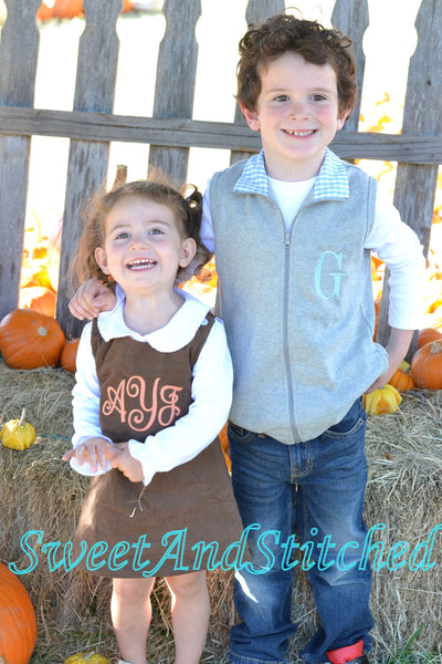 Monogrammed Boys blue and gray gingham vest