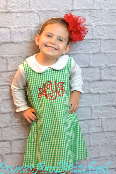 Girls monogrammed St. Patrick's day outfit, jumper style toddler Easter outfit, baby girl monogrammed green gingham jumper dress