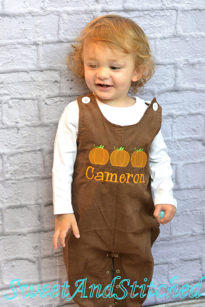 Baby boy fall outfit, pumpkin patch romper, denim overalls, wagon pumpkin buy applique, boy personalized clothes, dark denim chambray orange