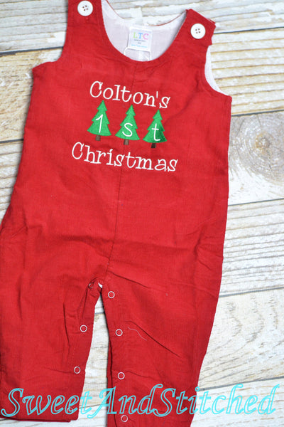 Personalized Baby Boy 1st Christmas outfit - monogrammed Christmas corduroy overalls