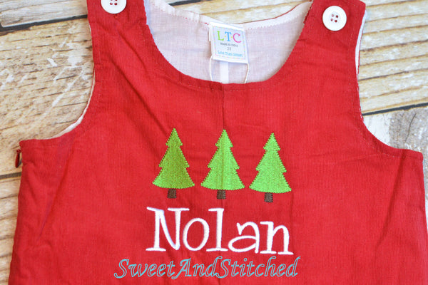 Personalized Baby Boy Christmas outfit - red corduroy monogrammed Christmas overalls