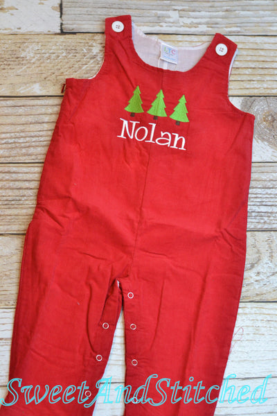 Personalized Baby Boy Christmas outfit - red corduroy monogrammed Christmas overalls