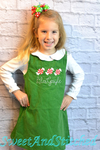 Girls candy cane Christmas dress - Monogrammed Christmas outfit- Corduroy Christmas jumper dress - baby girl christmas outfit