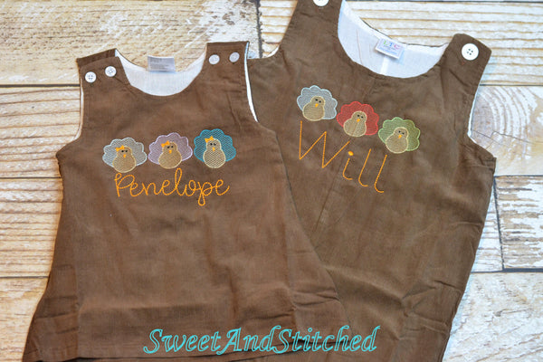 Baby Boy thanksgiving outfit with turkeys and name in vintage style, boys corduroy overalls personalized