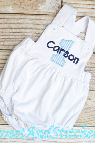 Monogrammed Boys birthday outfit seersucker, baby boy seersucker romper bubble for cake smash