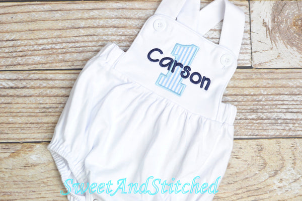 Monogrammed Boys birthday outfit seersucker, baby boy seersucker romper bubble for cake smash