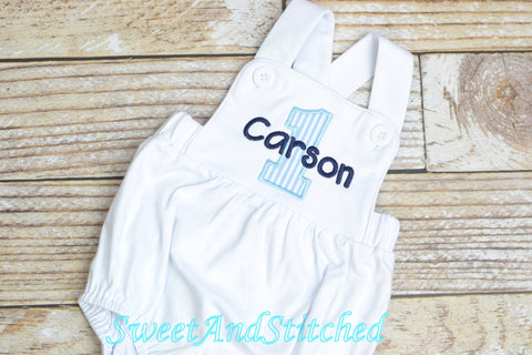 Monogrammed Boys birthday outfit seersucker, baby boy seersucker romper bubble for cake smash