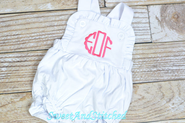 Monogrammed baby girl romper, girls cross backed bubble