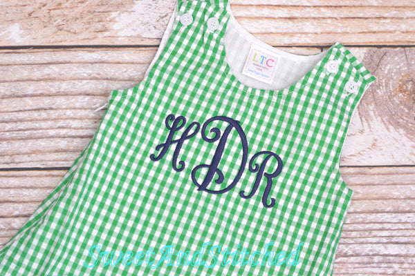 Girls monogrammed St. Patrick's day outfit, jumper style toddler Easter outfit, baby girl monogrammed green gingham jumper dress