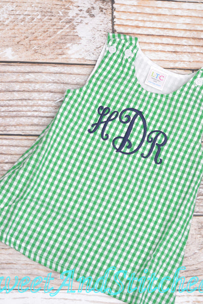 Girls monogrammed St. Patrick's day outfit, jumper style toddler Easter outfit, baby girl monogrammed green gingham jumper dress