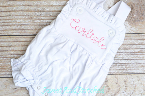 Monogrammed baby girl romper, girls cross backed bubble