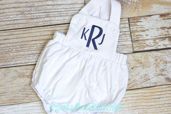 Monogrammed baby boy sunsuit, monogrammed navy boys romper