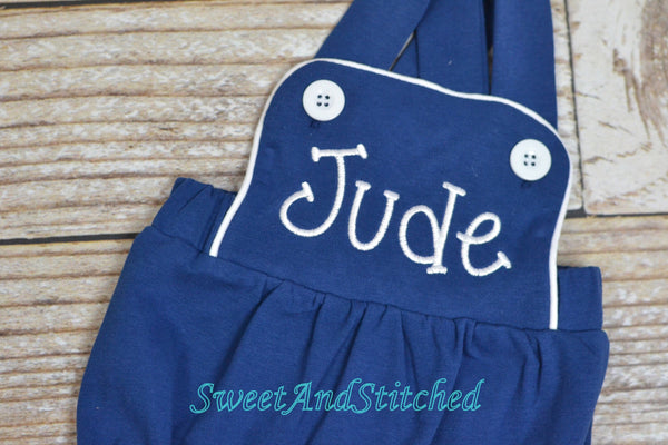 Monogrammed baby boy sunsuit, monogrammed navy boys romper