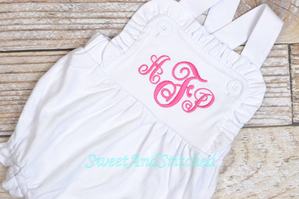 Monogrammed baby girl romper, girls cross backed bubble