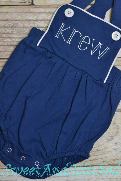 Monogrammed baby boy sunsuit, monogrammed navy boys romper