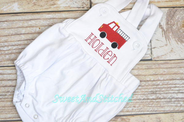 Monogrammed Boys firetruck outfit, fire truck cake smash outfit, baby boy truck sunsuit bubble, firetruck birthday outfit, boys truck romper