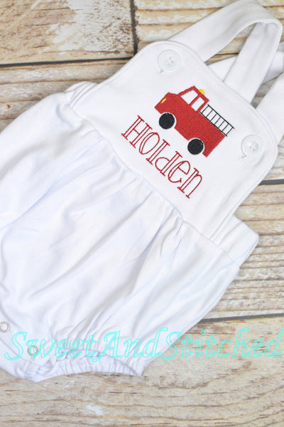 Monogrammed Boys firetruck outfit, fire truck cake smash outfit, baby boy truck sunsuit bubble, firetruck birthday outfit, boys truck romper