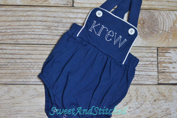 Monogrammed baby boy sunsuit, monogrammed navy boys romper