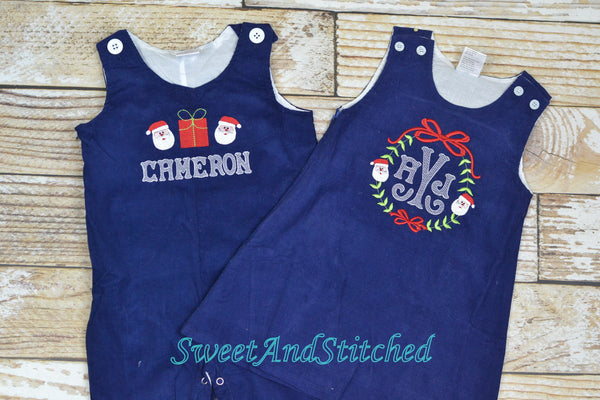 Monogrammed Corduroy Christmas dress in navy with santa monogram, Girls personalized Christmas dress, coordinating sibling Christmas outfits