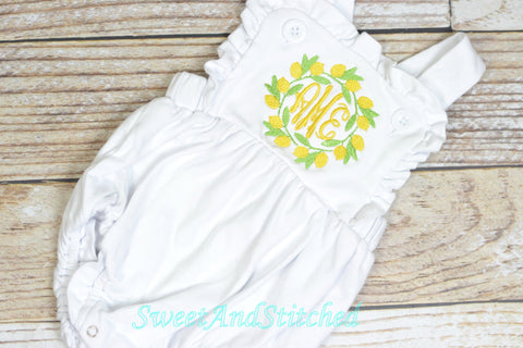 Monogrammed baby girl ruffle bubble with lemons, girls summer monogrammed lemon outfit