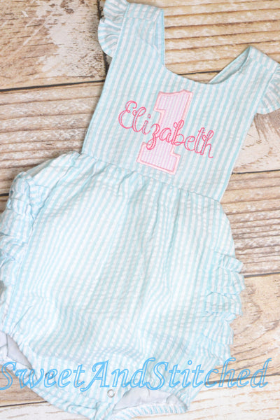 Monogrammed baby girl birthday bubble romper, 1st birthday cake smash outfit