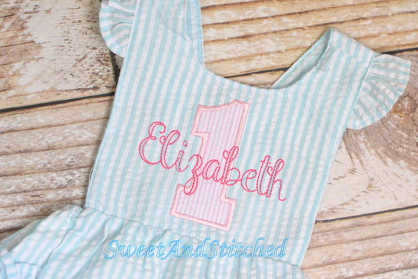 Monogrammed baby girl birthday bubble romper, 1st birthday cake smash outfit