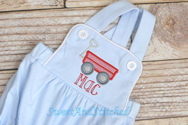 Monogrammed baby boy bubble with wagon design and name, monogrammed boys romper