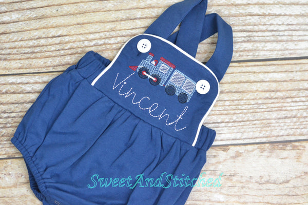 Monogrammed baby boy train outfit, monogrammed boys romper