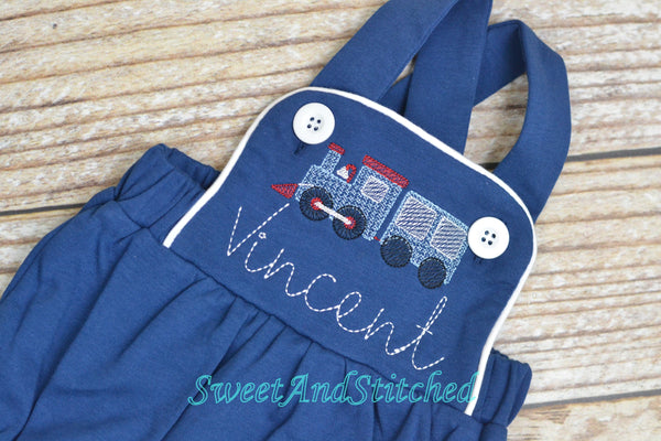 Monogrammed baby boy train outfit, monogrammed boys romper