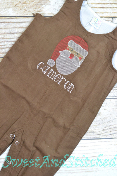 Baby Boy Christmas outfit with Santa face and name in vintage style, boys corduroy Santa overalls personalized