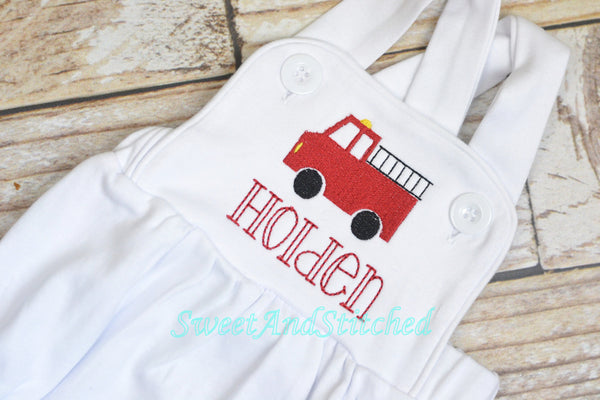 Monogrammed Boys firetruck outfit, fire truck cake smash outfit, baby boy truck sunsuit bubble, firetruck birthday outfit, boys truck romper