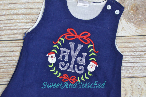 Monogrammed Corduroy Christmas dress in navy with santa monogram, Girls personalized Christmas dress, coordinating sibling Christmas outfits