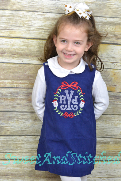 Monogrammed Corduroy Christmas dress in navy with santa monogram, Girls personalized Christmas dress, coordinating sibling Christmas outfits