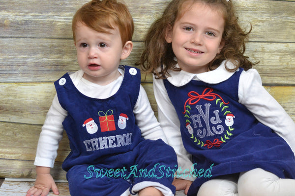 Monogrammed Corduroy Christmas dress in navy with santa monogram, Girls personalized Christmas dress, coordinating sibling Christmas outfits