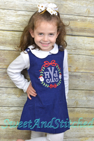 Monogrammed Corduroy Christmas dress in navy with santa monogram, Girls personalized Christmas dress, coordinating sibling Christmas outfits