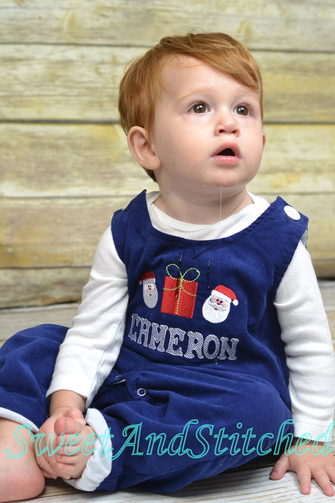 Baby boy Christmas outfit Toddler Boys Christmas overalls Boys monogrammed santa outfit Navy Corduroy Christmas Longall Outfit