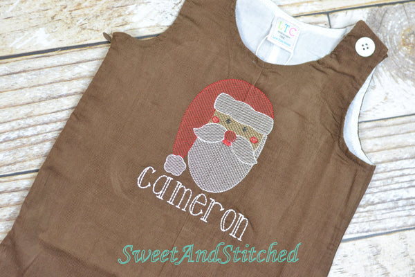 Baby Boy Christmas outfit with Santa face and name in vintage style, boys corduroy Santa overalls personalized