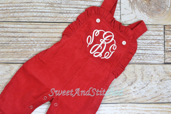 Baby girl monogrammed Christmas or Valentine's outfit, Red Ruffle Christmas overalls